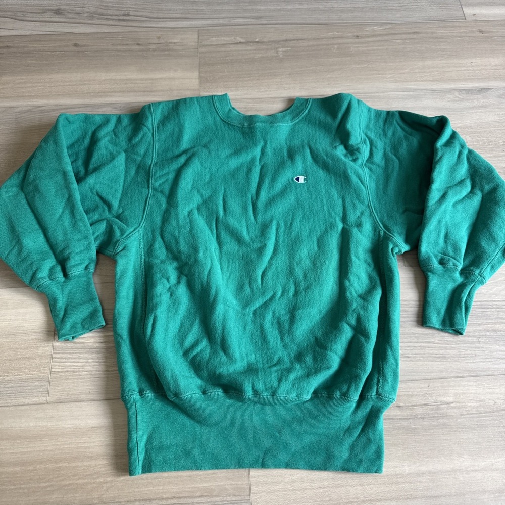 Vintage Champion Crewneck Sweatshirt‎ Medium Green Blank Reverse Weave Made USA